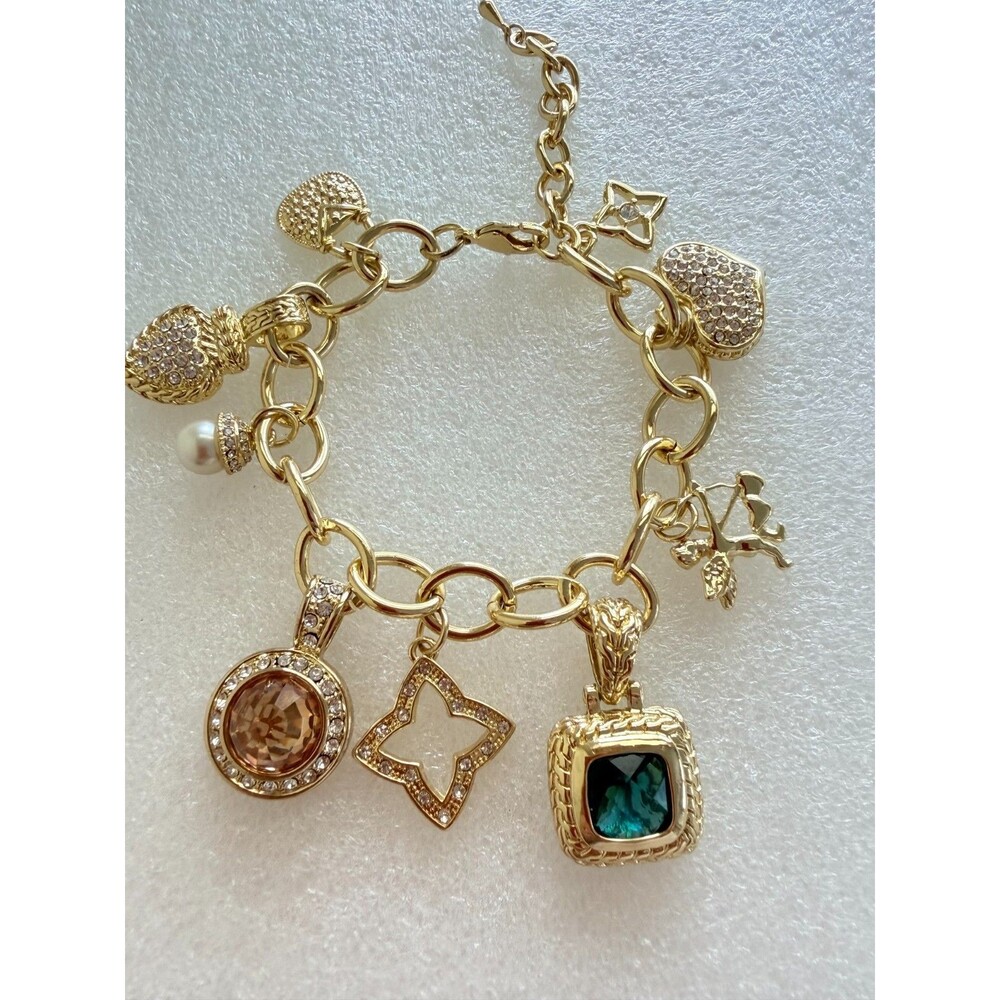 Gold Tone Chunky Charm Bracelet Teal & Champagne Glass Crystal Rhinestone Heart